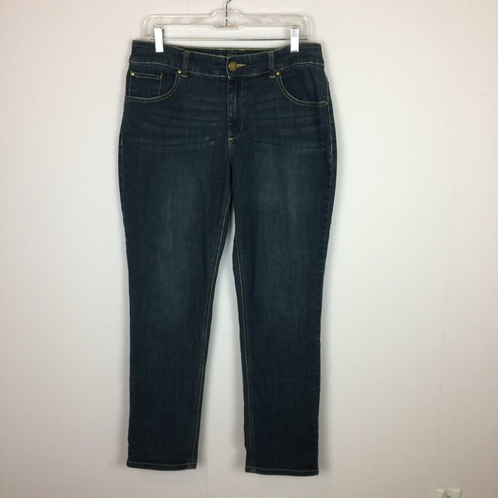 Chico's Platinum Jeans 1 Womans Size 8 Straight Leg Dark Blue Denim Mid Rise